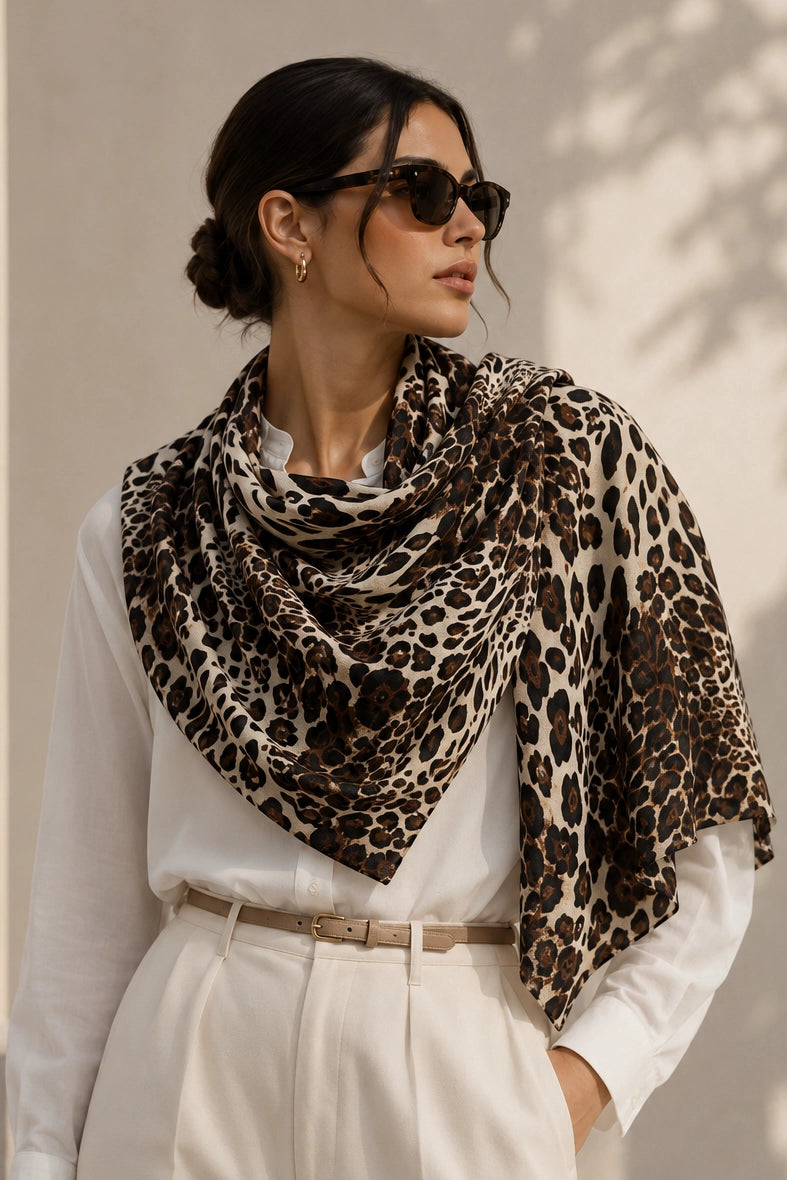 A woman wearing a leopard print scarf draped over her shoulders, styled with a white blouse and white trousers against a warm beige wall.