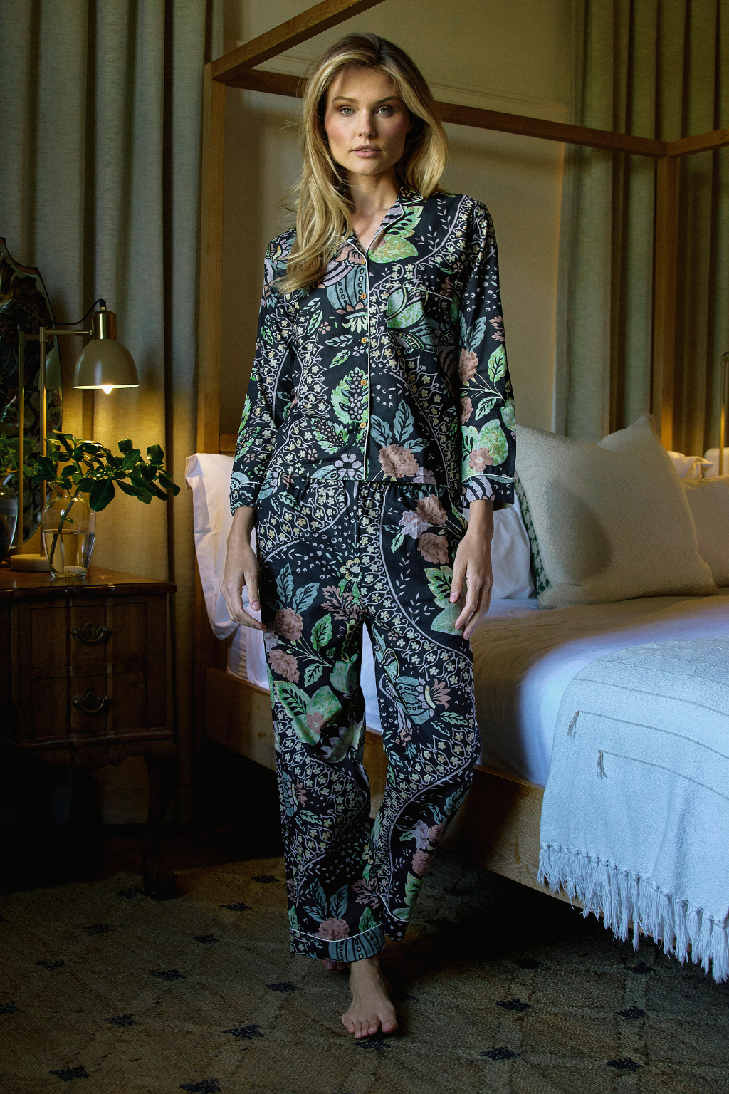 Black Printed Cotton Long Sleeve PJ In Bag