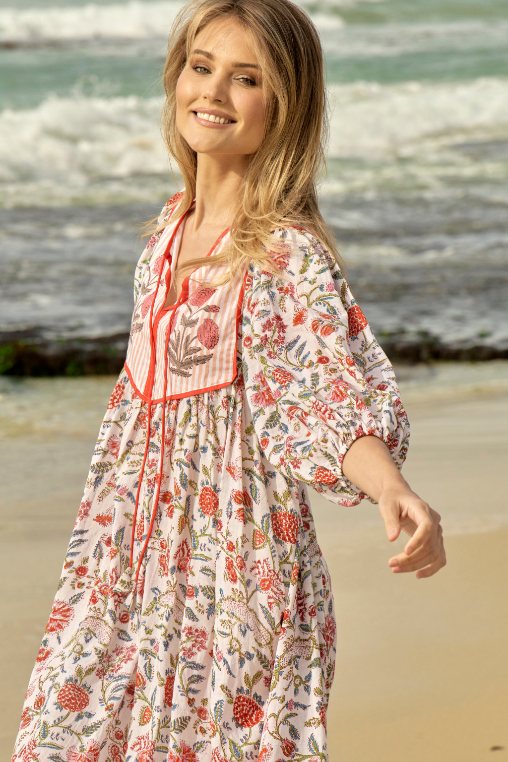 Coral Stripe and Floral Print Cotton Boho Dress