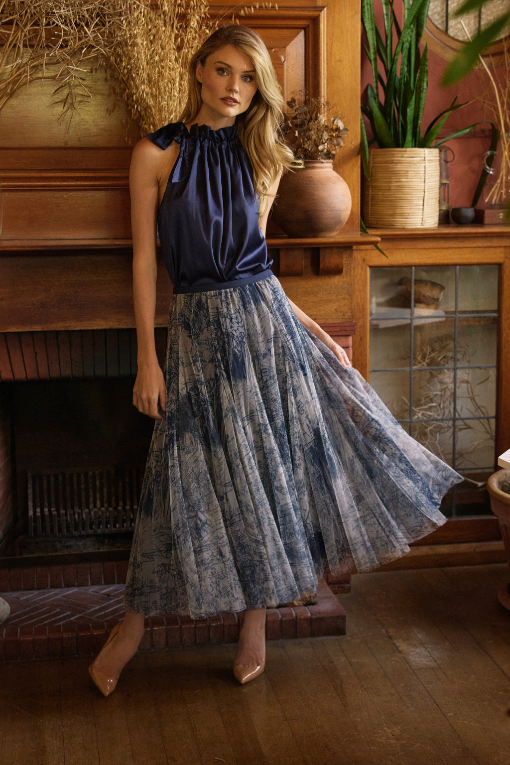 Navy Mesh Print Skirt