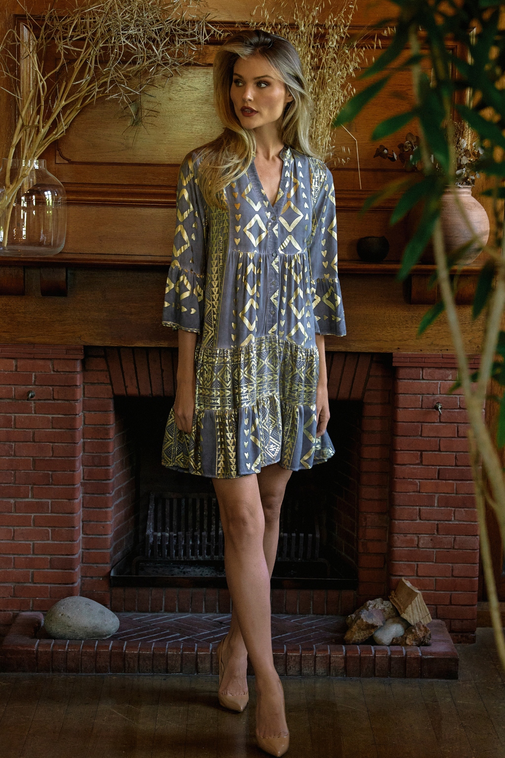 Charcoal and Gold Printed Viscose Tunic