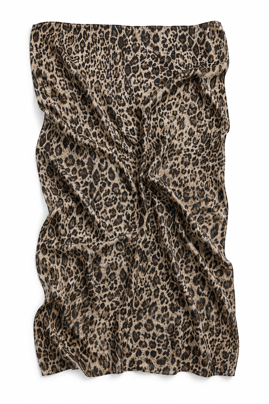 A leopard print scarf or wrap with a brown, beige, and black animal pattern, shown draped flat against a white background.