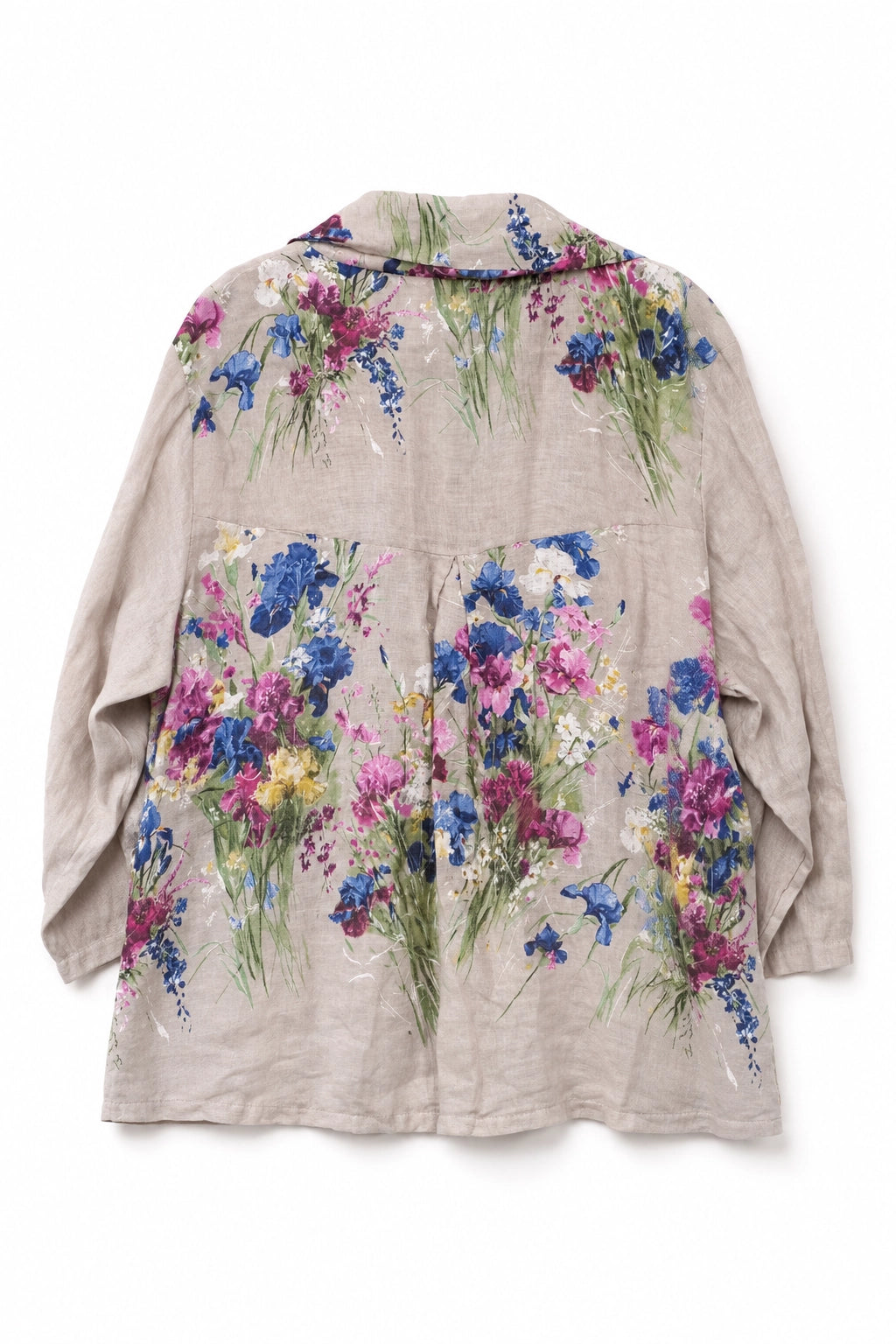 A beige linen shirt jacket featuring a colorful watercolor-style floral print on the back, displayed against a plain white background.