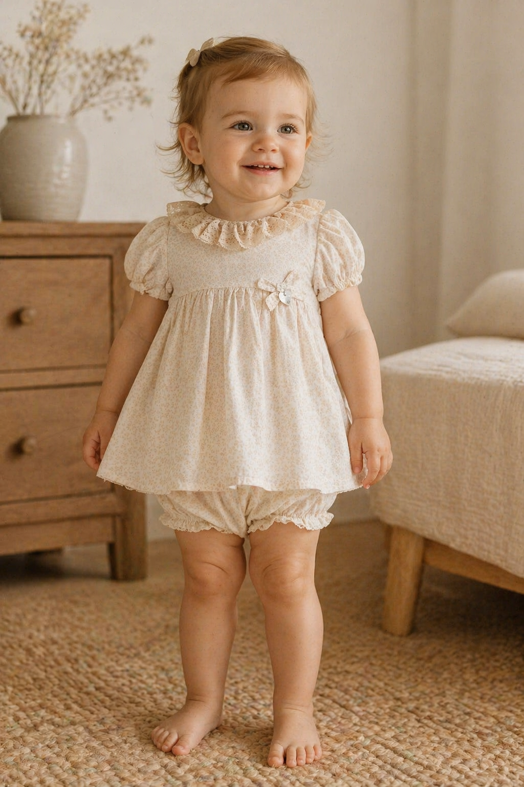 Young child wearing a beige dress with ruffled sleeves and bloomers standing in a room.