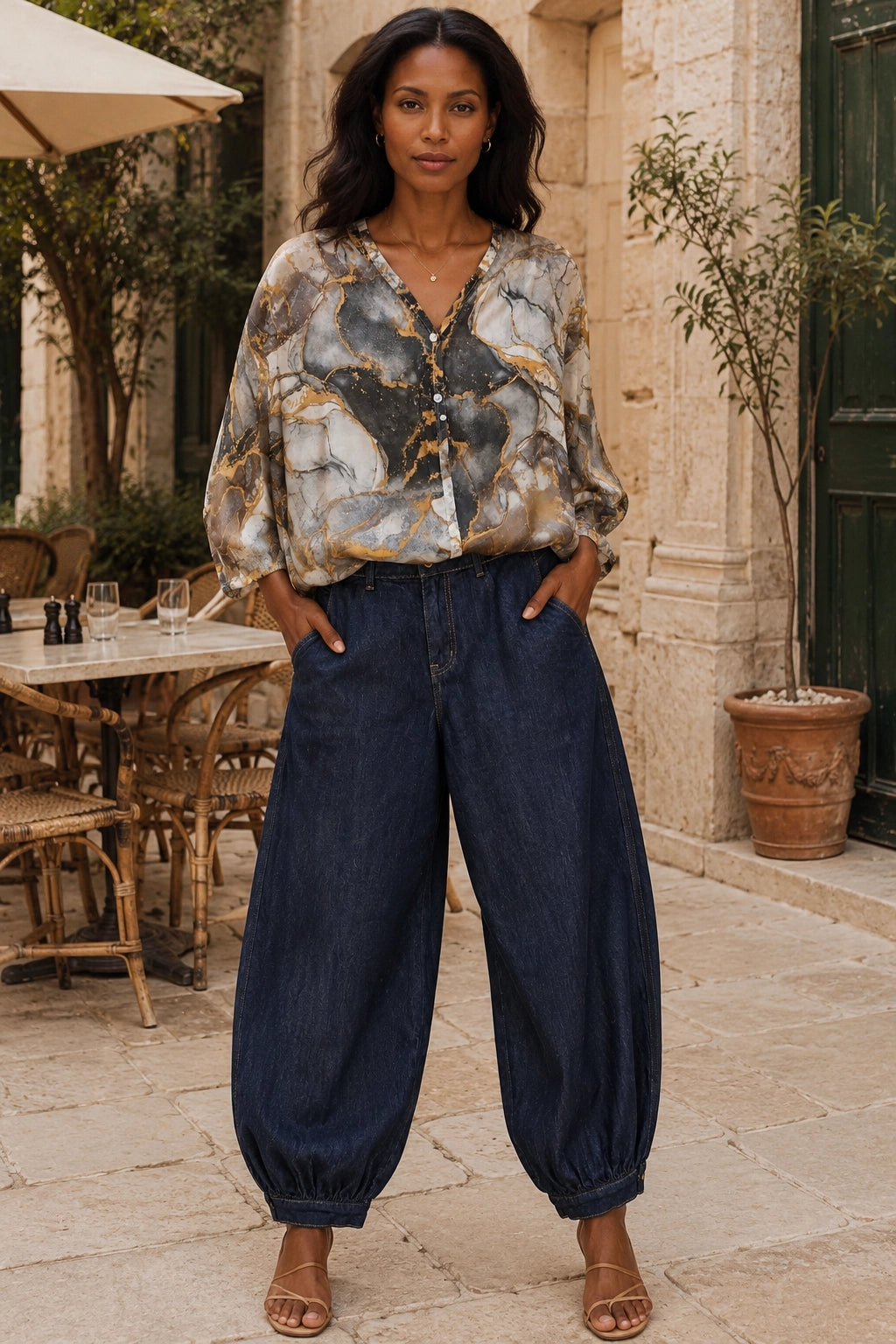 A woman stands outdoors in a stone courtyard wearing a loose, long-sleeve blouse with a gray, white, and gold abstract print paired with dark blue wide-leg balloon jeans and brown sandals.