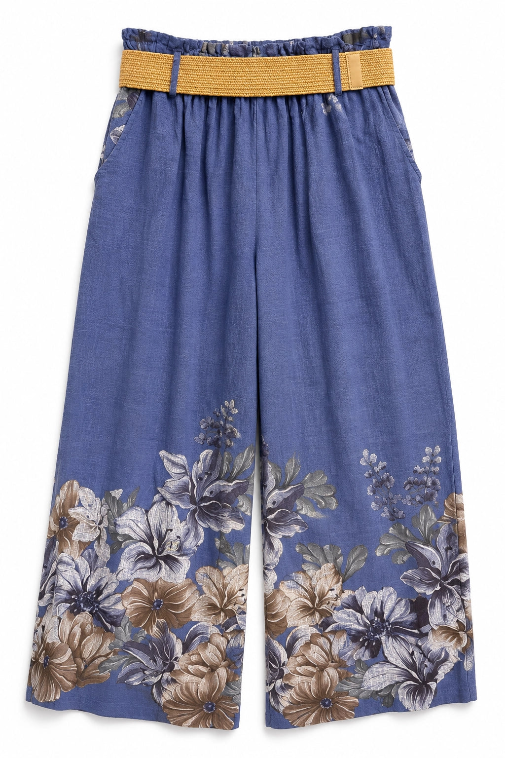 Blue wide-leg cropped pants with a floral print at the hem and a mustard yellow elastic belt, shown flat on a white background.