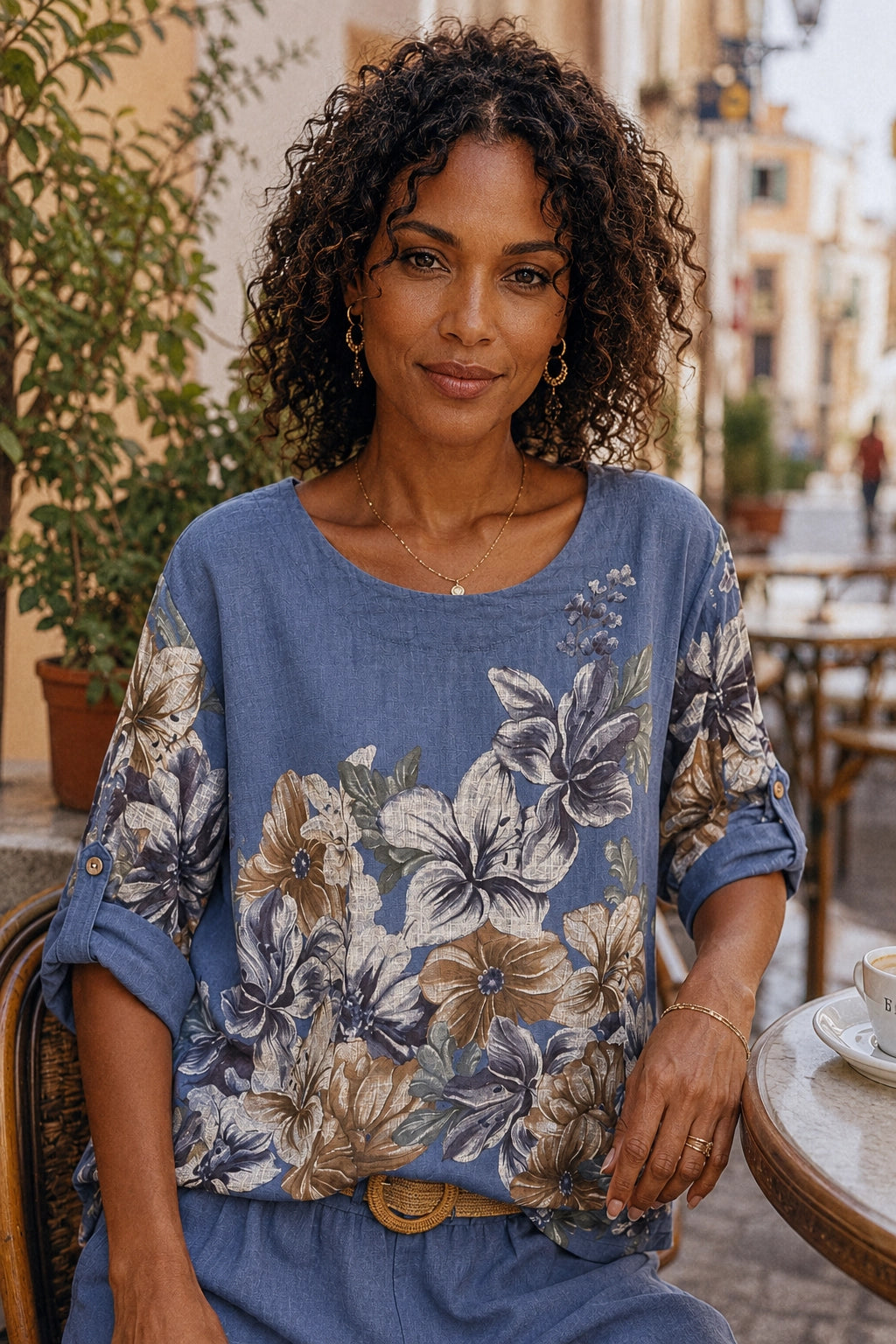 A woman with curly dark hair sits at an outdoor cafe table wearing a blue floral top with beige, white, and gray flowers. The background shows a softly blurred street scene with buildings and potted plants.