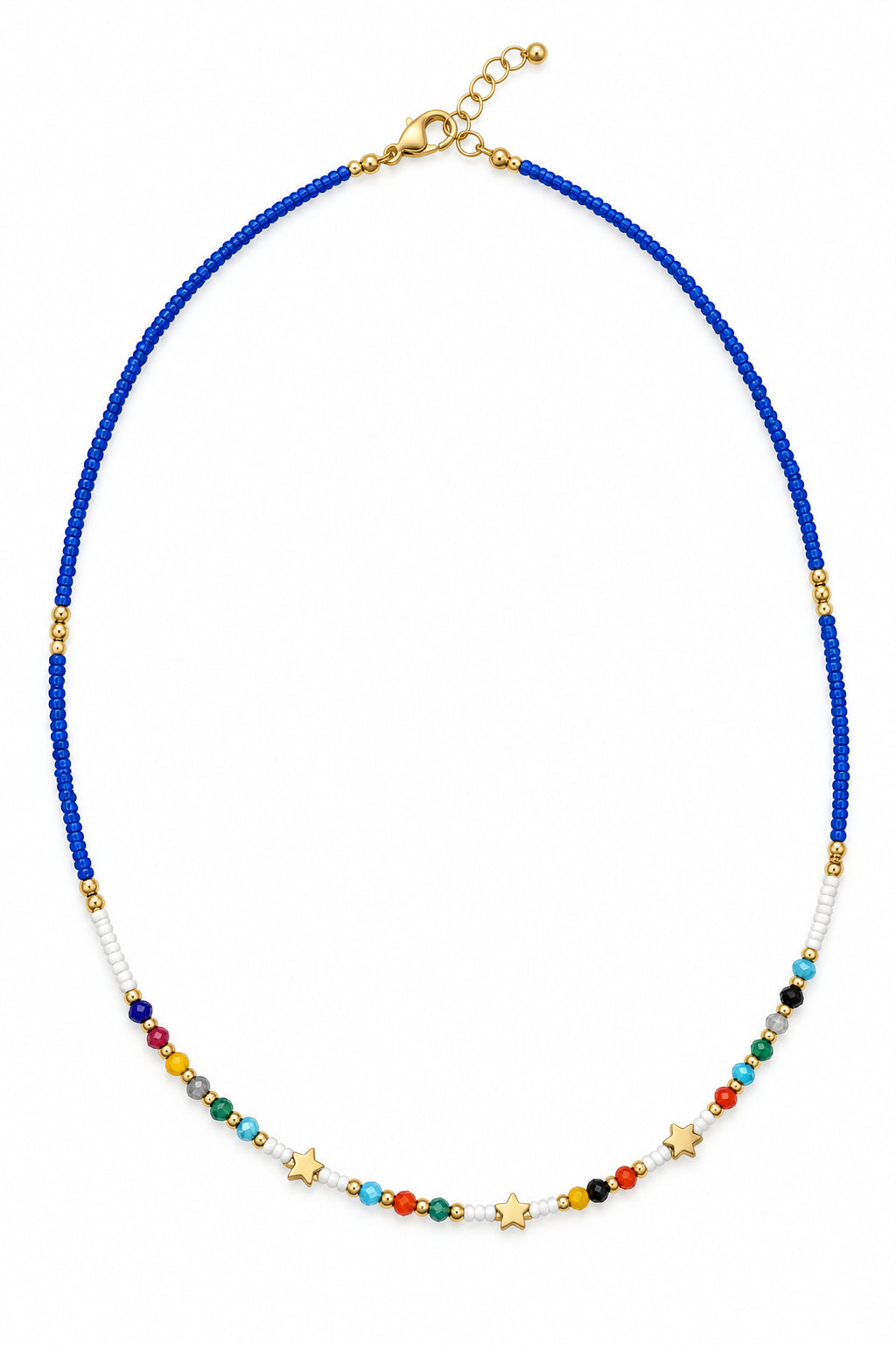 A beaded necklace featuring a vibrant blue beaded upper section, a white beaded lower section, and small multicolor beads interspersed with gold star and round accents, finished with a gold clasp.
