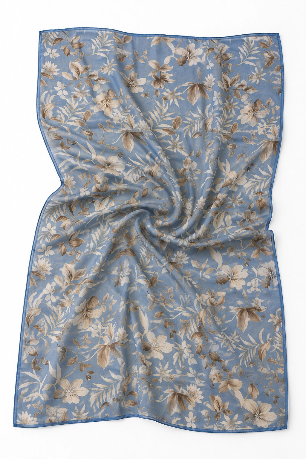 A square scarf with a dusty blue background, featuring an all-over beige and brown floral and leaf pattern, finished with a solid blue border.