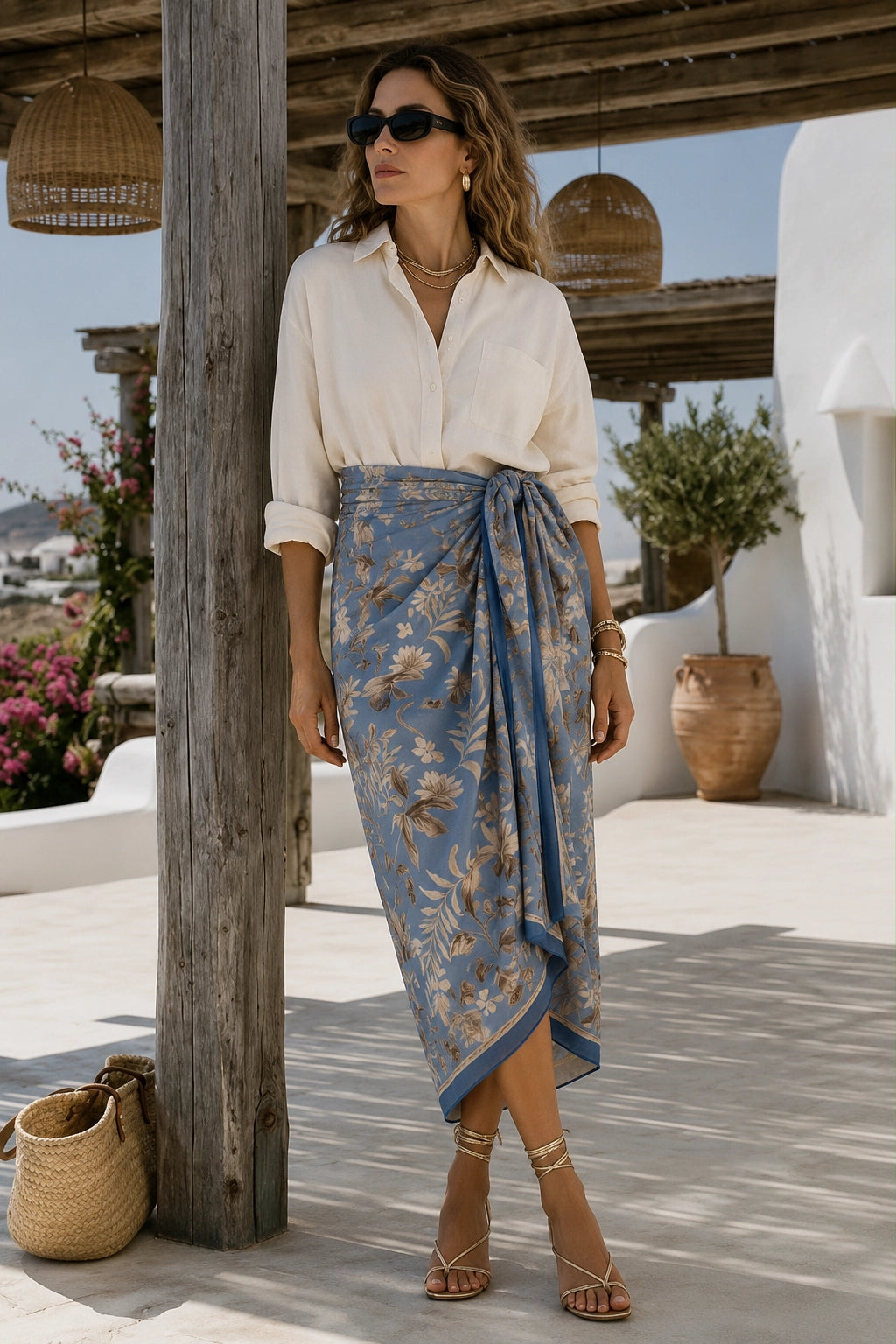 A woman stands on a sunlit outdoor patio wearing a white button-up blouse and a blue floral wrap skirt, with sunglasses, bracelets, and strappy heels. The setting includes wooden posts, woven pendant lights, white walls, and potted plants.