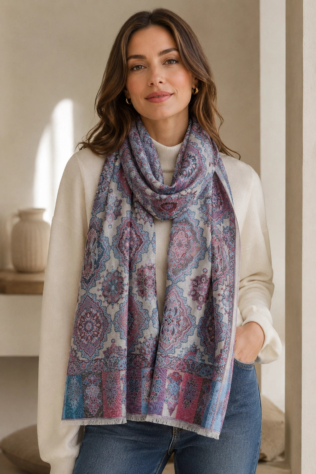 Woman wearing a patterned scarf in a home setting