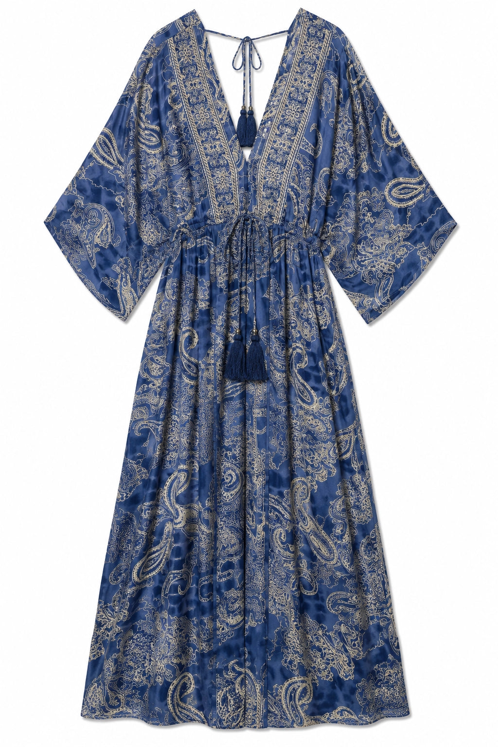 A blue kaftan dress with a beige paisley pattern, featuring wide sleeves, a V-neckline with tassel ties, and a drawstring waist.
