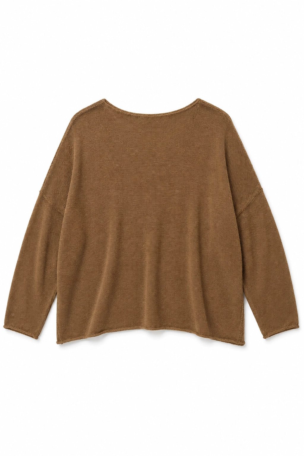 A brown knit long-sleeve top with a wide boat neckline, laid flat against a white background.