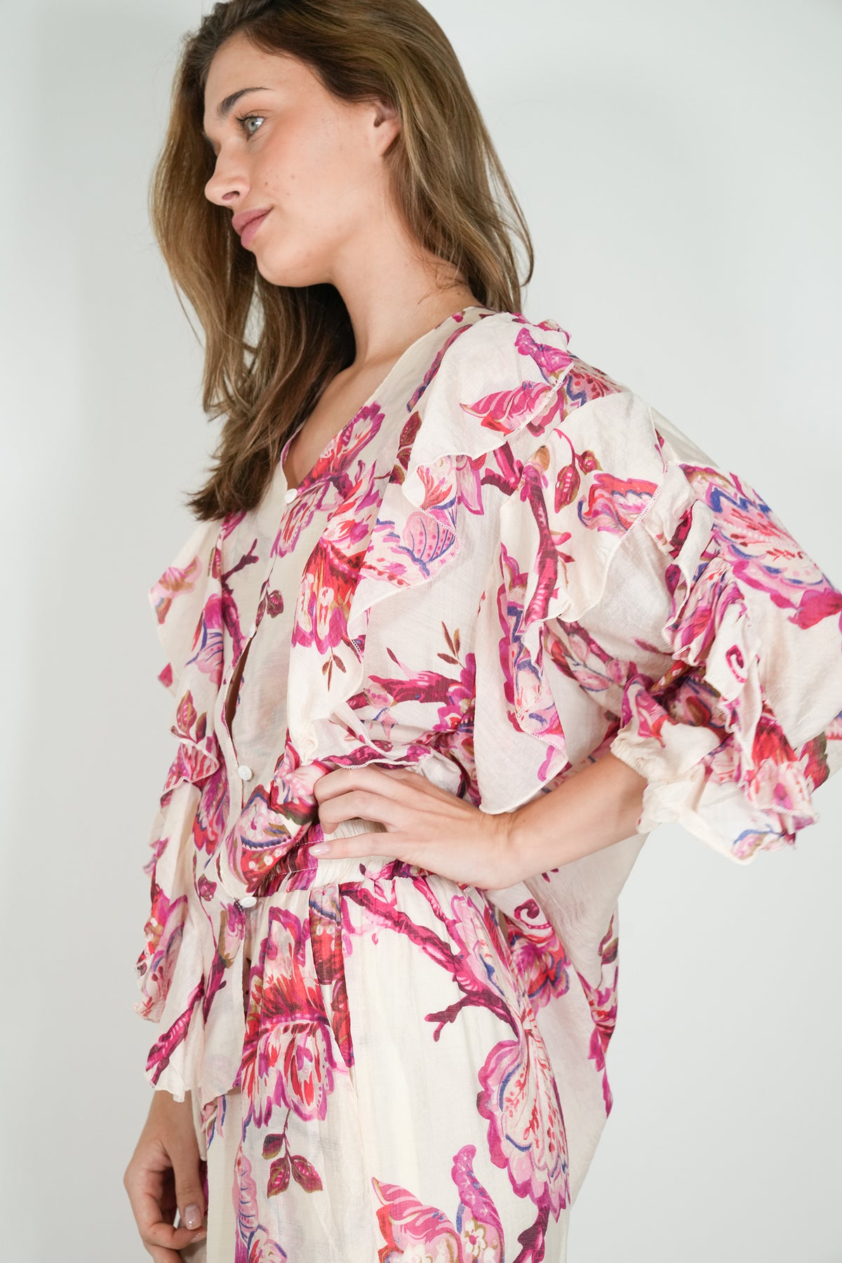 Cerise Print Ruffle Blouse