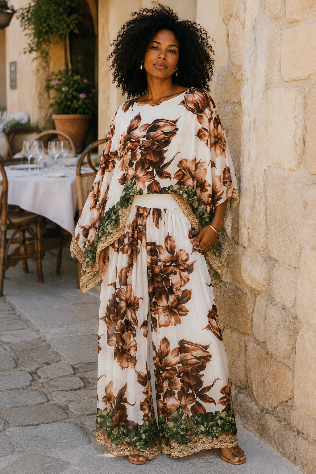 A woman with curly black hair stands outdoors against a stone wall wearing a flowing white maxi dress with a large brown floral print, green leafy accents, and a beige belt.