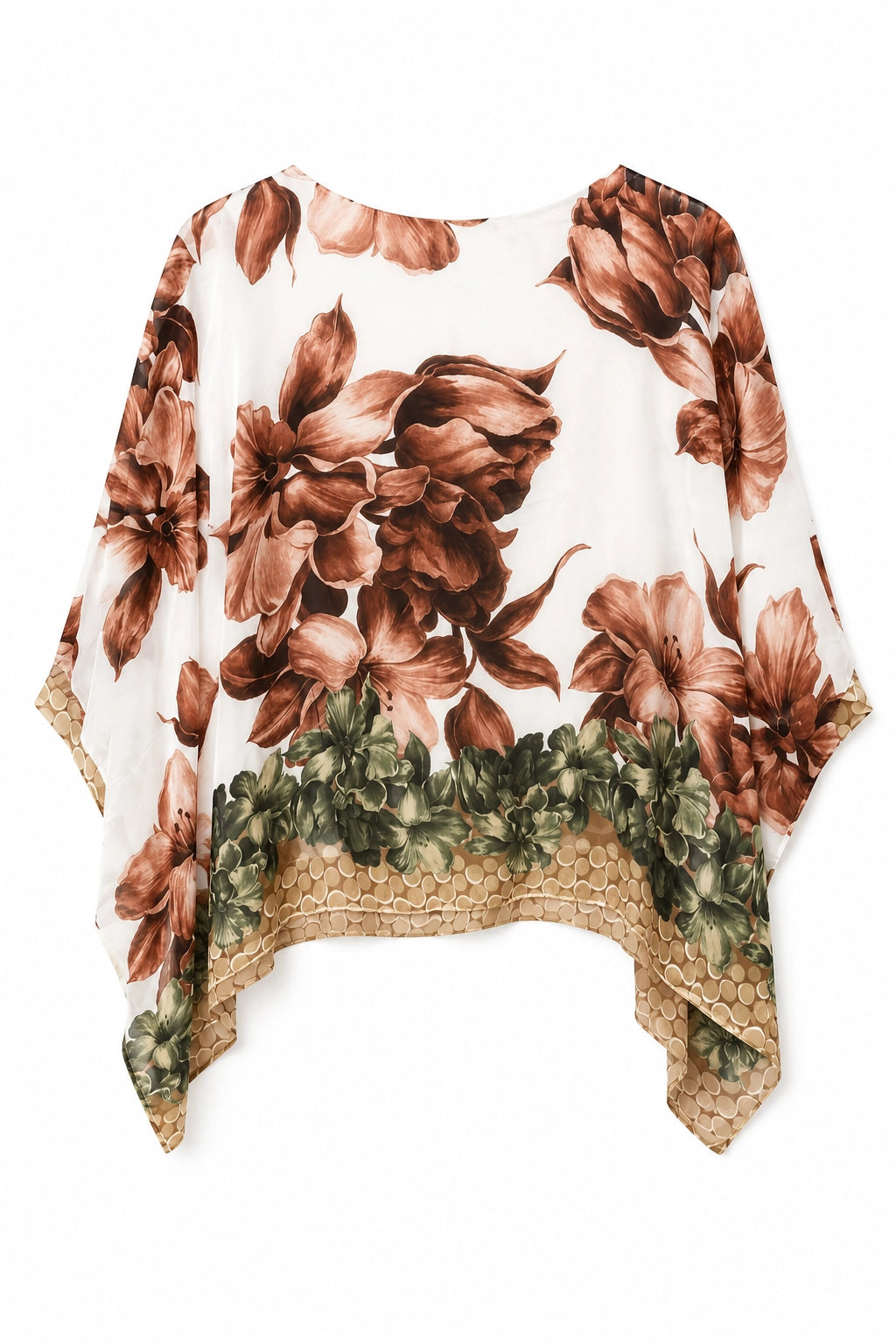 A lightweight, flowy poncho-style top with a white base, large brown floral print, and a green leafy border along the hem, displayed on a clean white background.