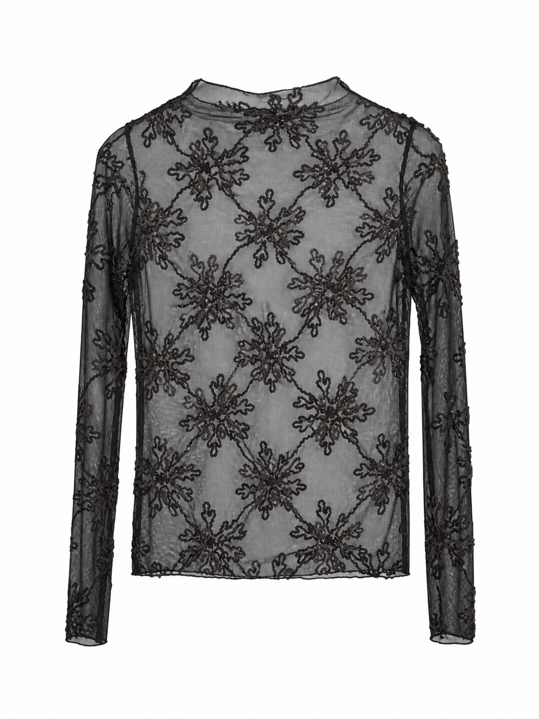 Black lace long-sleeve top on a white background