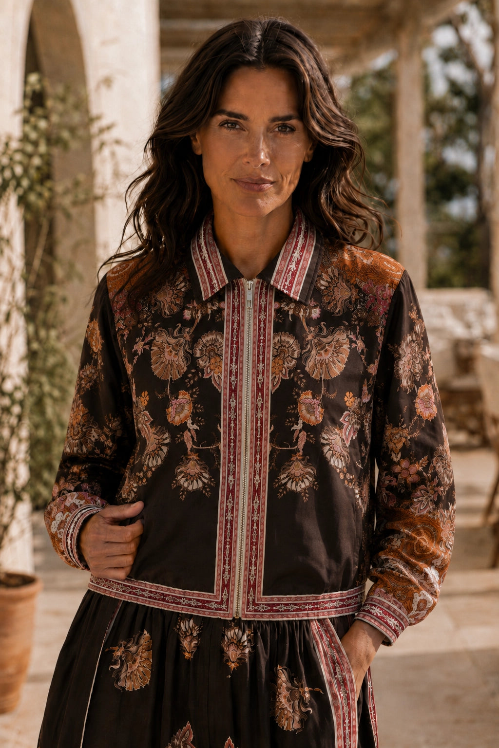 Chocolate and Orange Print Viscose/Silk Bomber Jacket