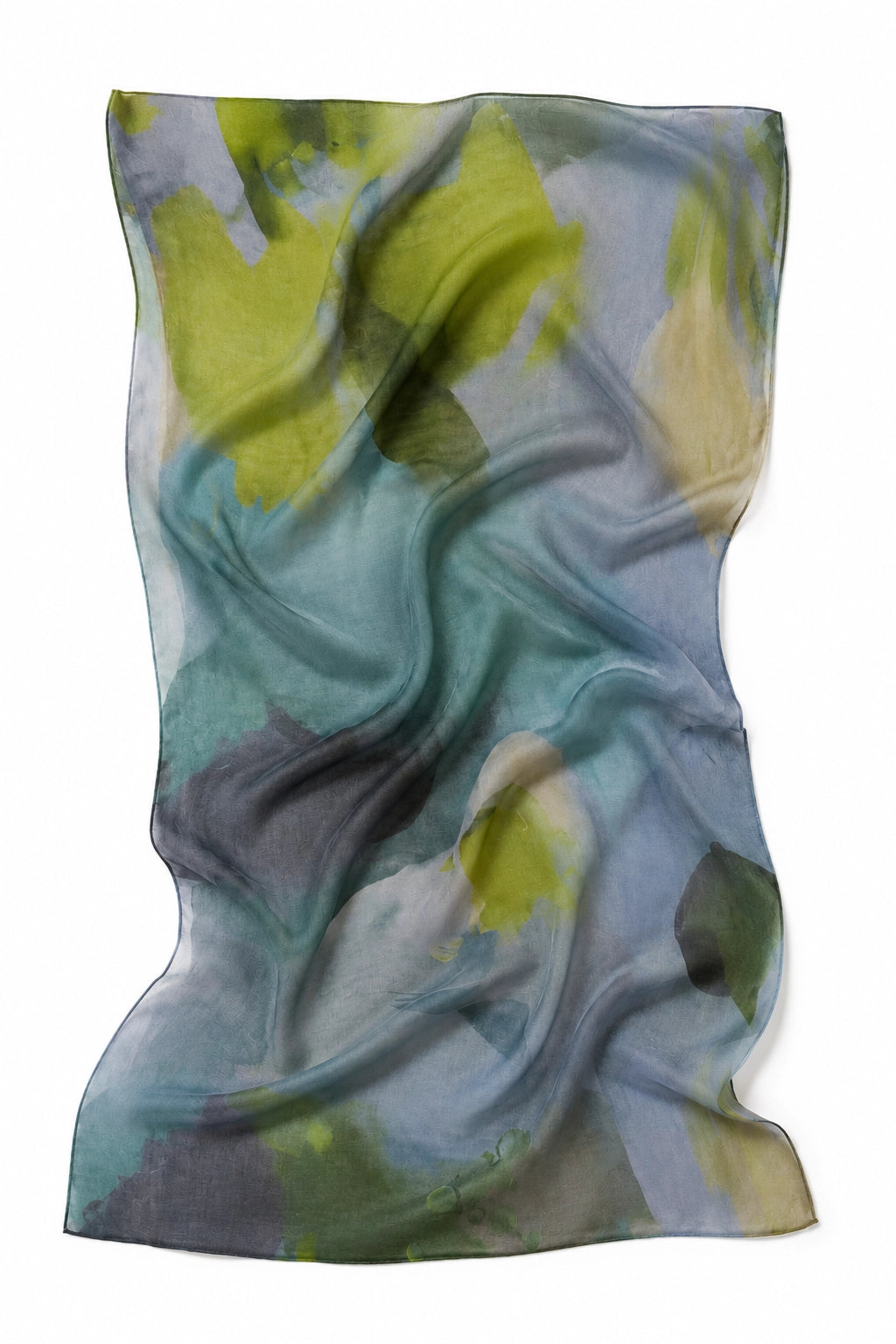 A lightweight sheer scarf with an abstract watercolor pattern in shades of teal, sage green, olive, and pale yellow, draped against a plain white background.