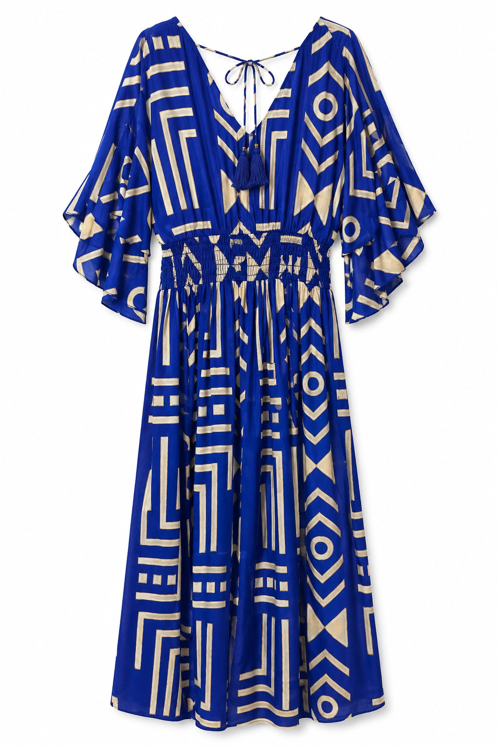A blue and beige geometric print midi dress with a V-neckline, tie-back detail, and flared sleeves, shown against a plain white background.