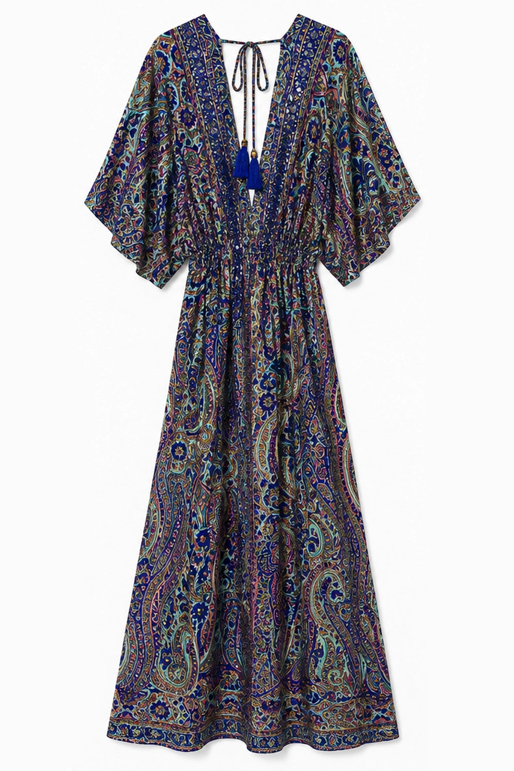 A long kaftan-style maxi dress with a paisley print in purple, blue, green, and beige tones, featuring wide short sleeves, a deep V-neckline with a tie at the back, and a gathered waist.
