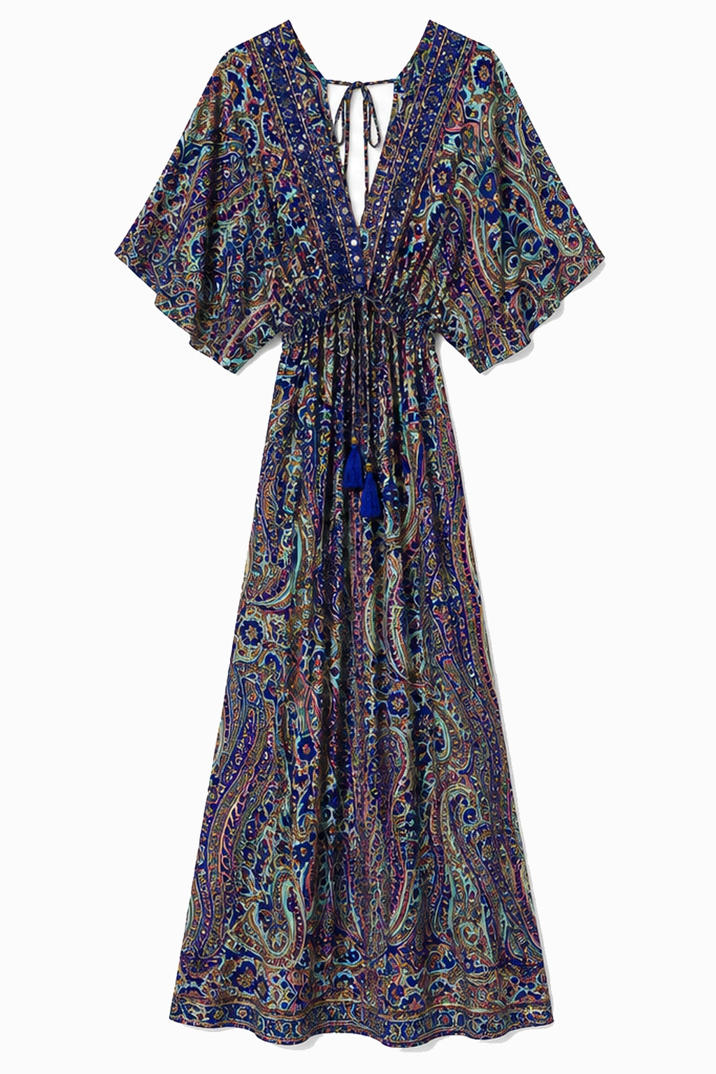 A bohemian-style maxi dress with a vibrant paisley pattern in shades of blue, purple, green, and gold, featuring a split neckline with tie details and a drawstring waist.