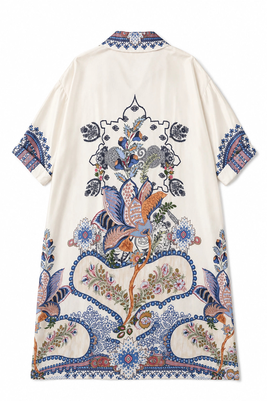 An off-white short-sleeve kimono-style top with a large, colorful, symmetrical bohemian-style bird and floral print on the back, shown against a plain white background.