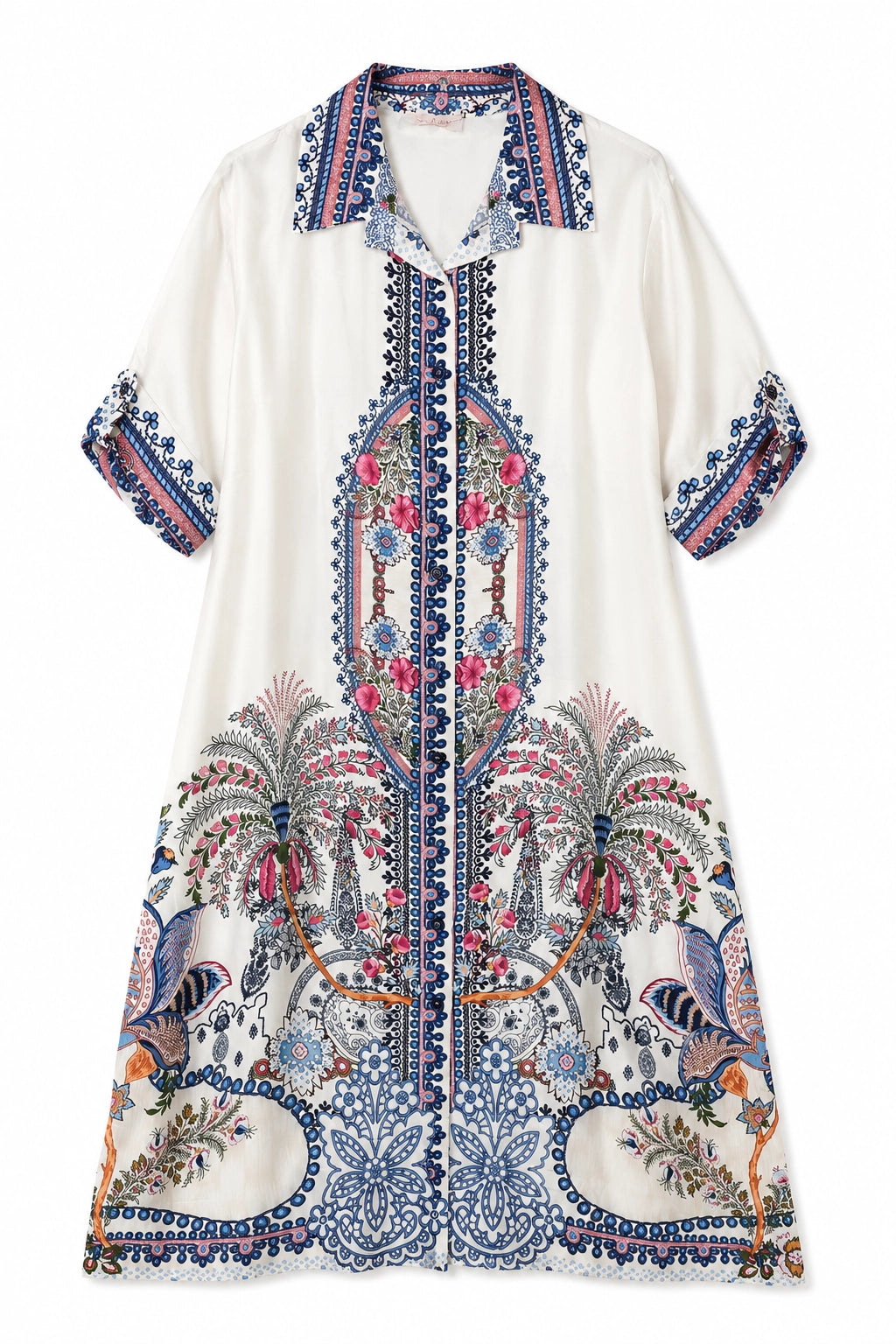 A short-sleeve button-front tunic dress with a white base and an intricate multicolor bohemian print featuring blue, pink, orange, and green floral and paisley motifs.