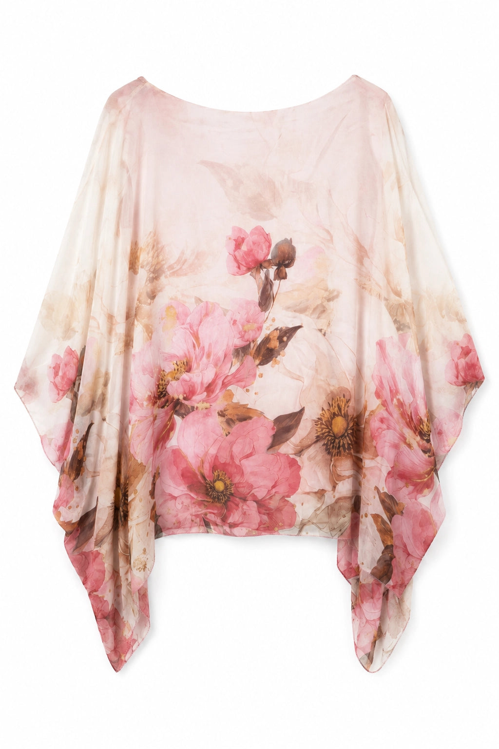 A sheer, lightweight poncho-style top with a soft pink and beige watercolor floral print, displayed against a plain white background.