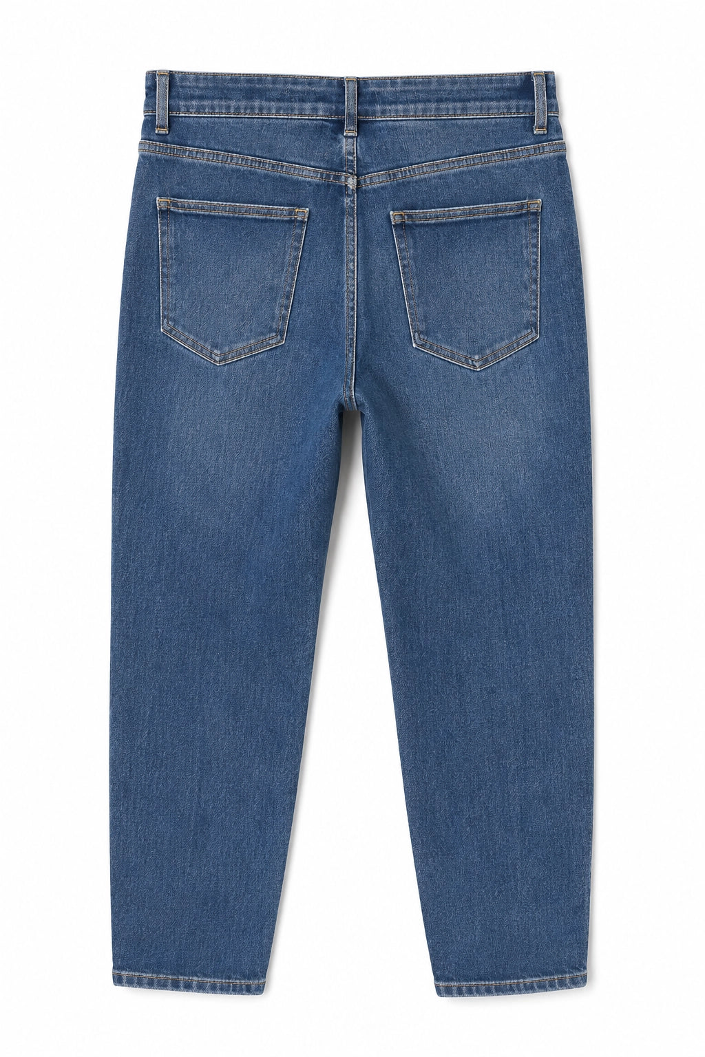 Back view of blue denim jeans with a straight-to-slightly-taper leg and classic rear pocket stitching, shown on a plain white background.