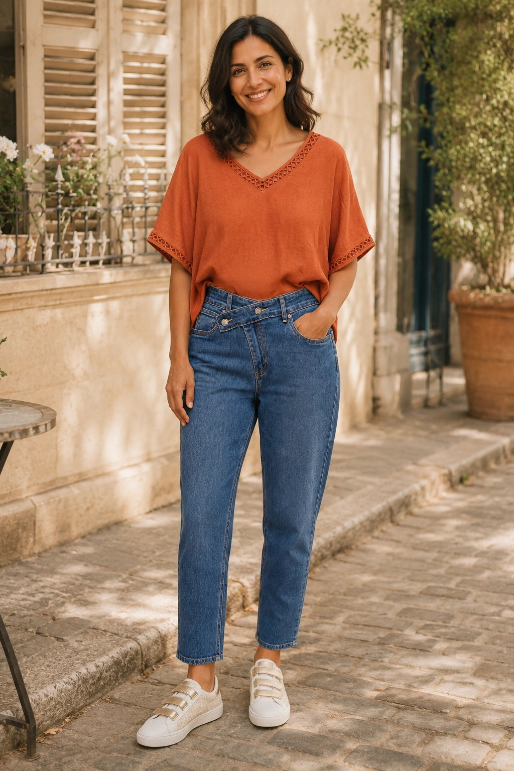 A woman stands on a sunlit cobblestone street wearing a rust-orange short-sleeve top with decorative trim, blue jeans, and white sneakers.