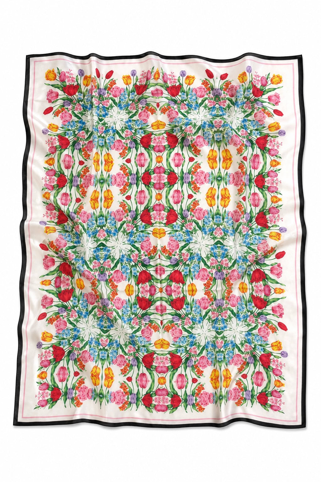 A square scarf with a vibrant, symmetrical floral pattern in pink, red, yellow, green, and blue on a white background, finished with a black border.