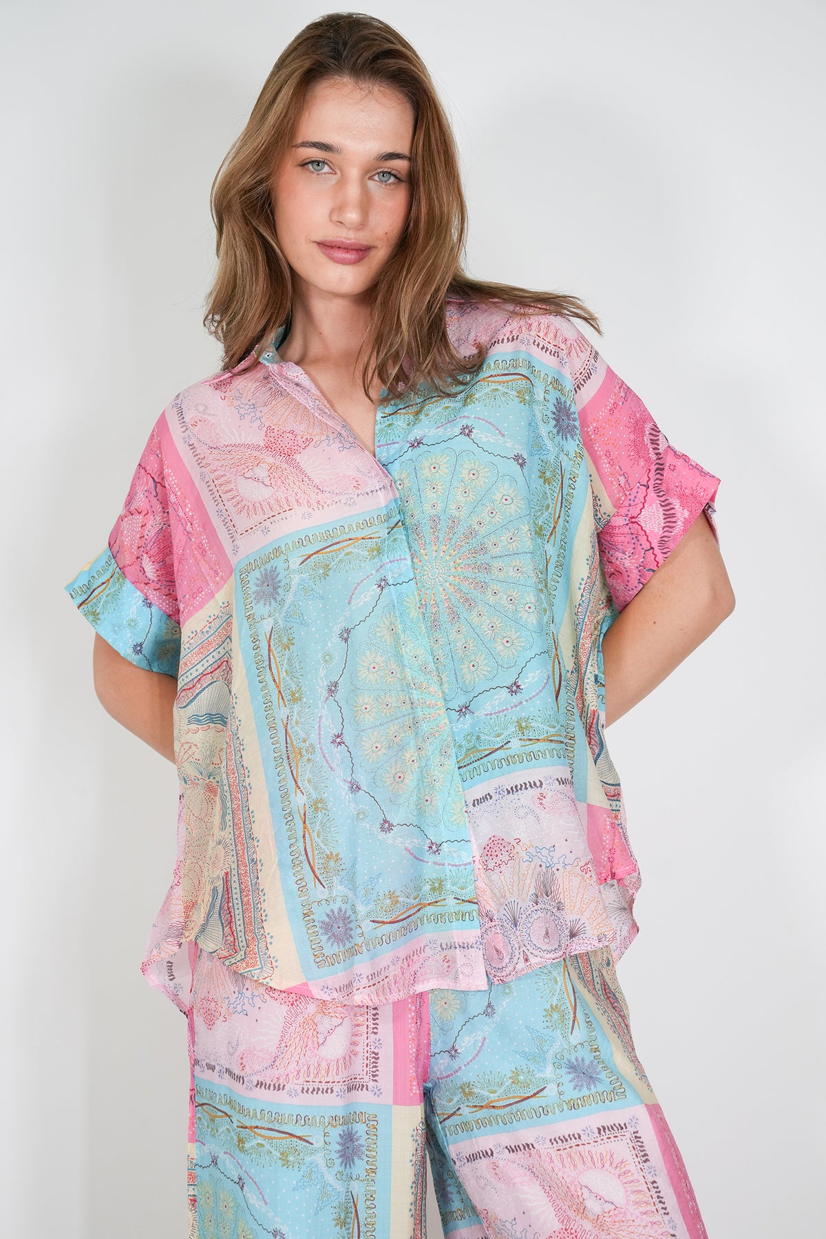 Pink and Turquoise Print Blouse