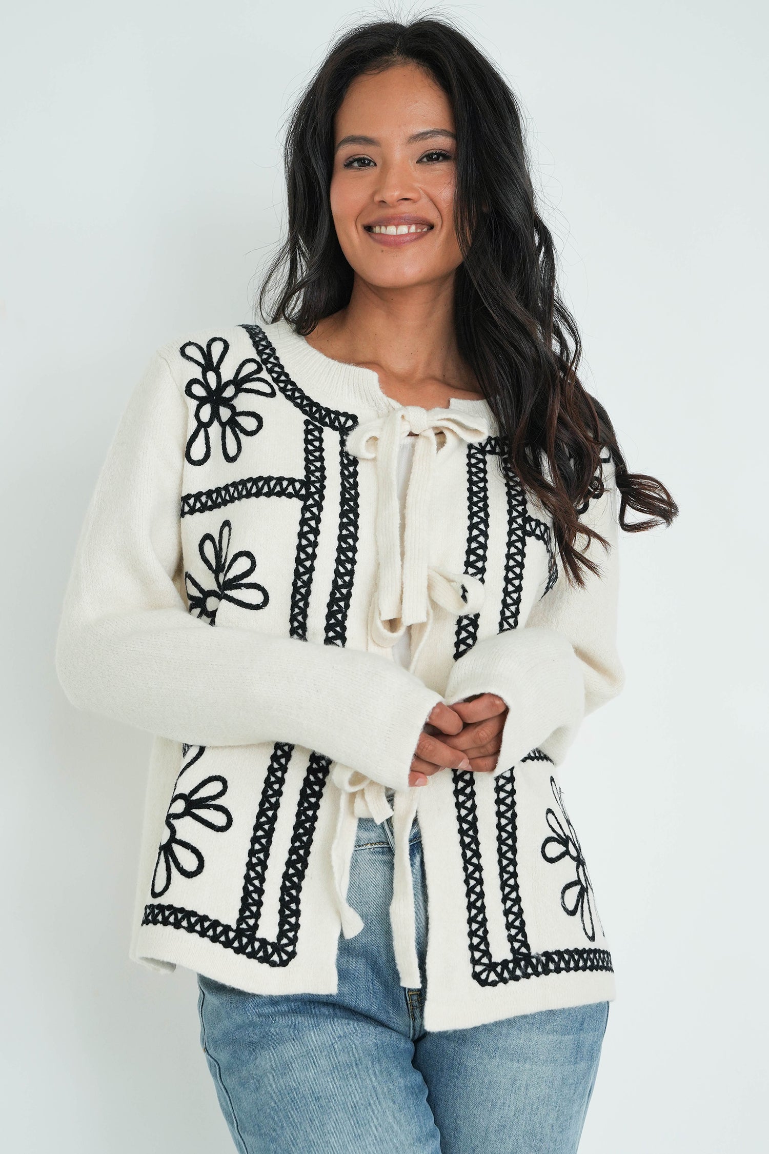 Cream Embroided Bow Cardigan