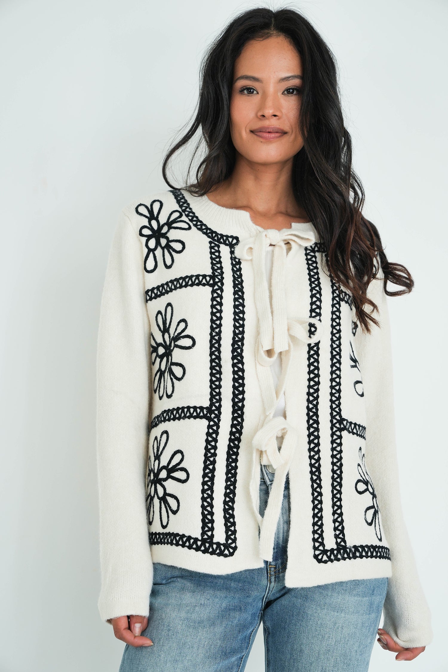 Cream Embroided Bow Cardigan
