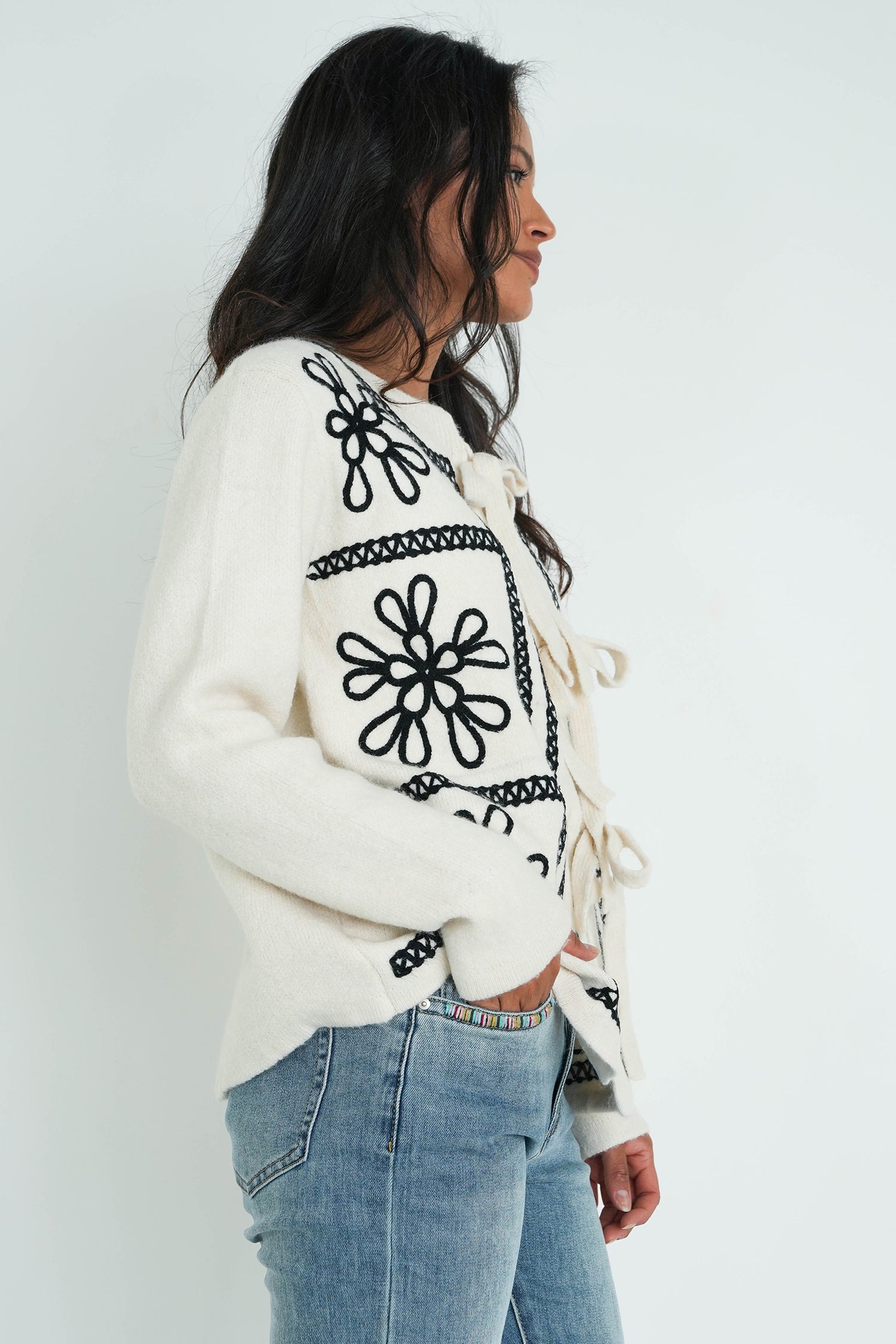 Cream Embroided Bow Cardigan