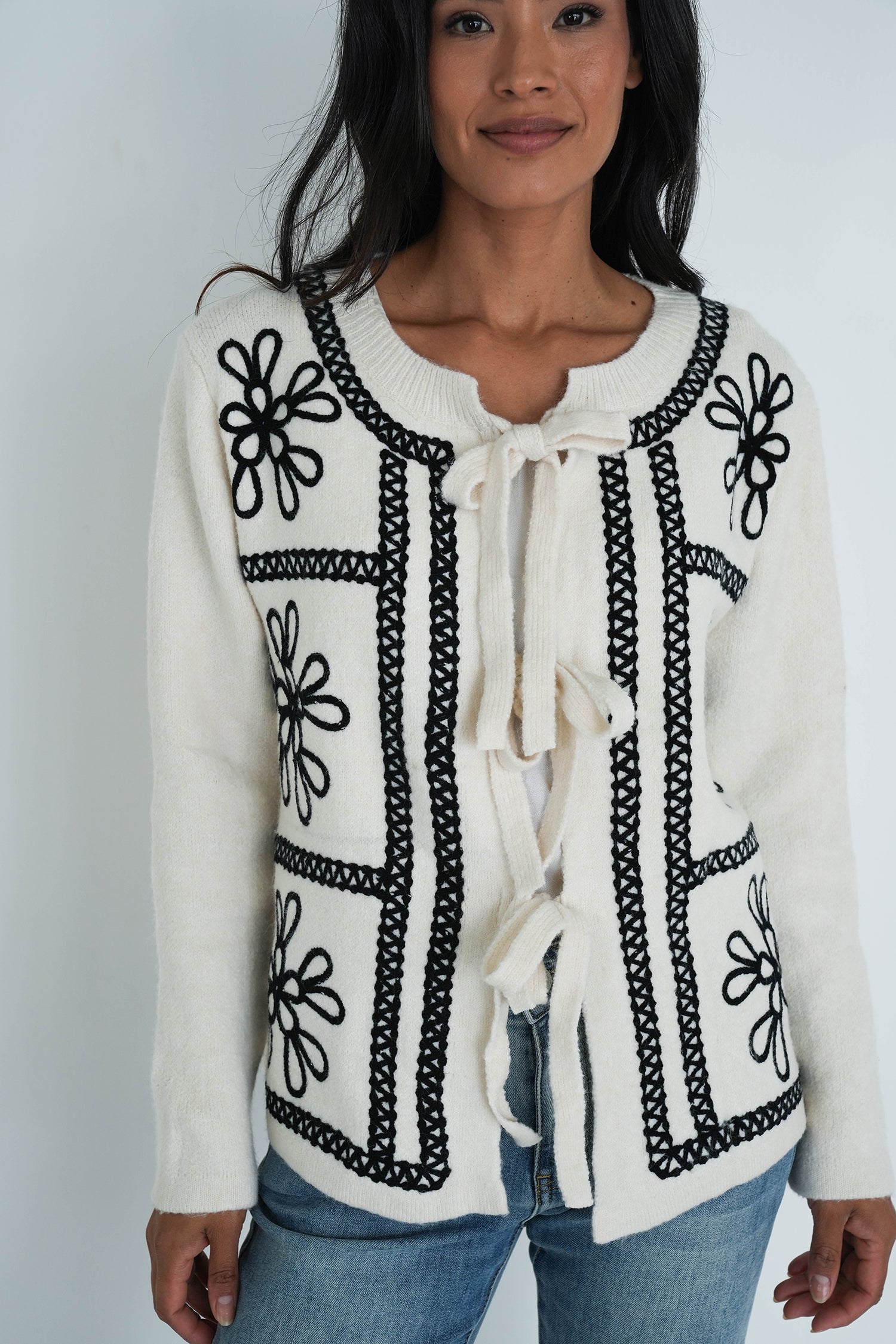 Cream Embroided Bow Cardigan
