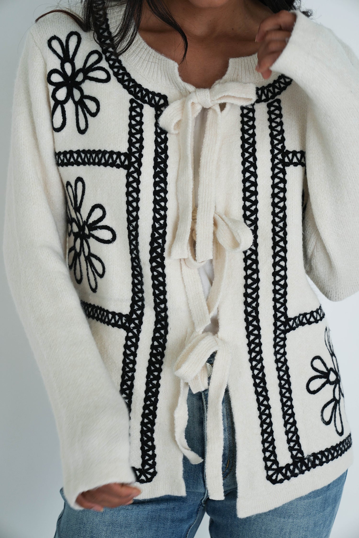 Cream Embroided Bow Cardigan