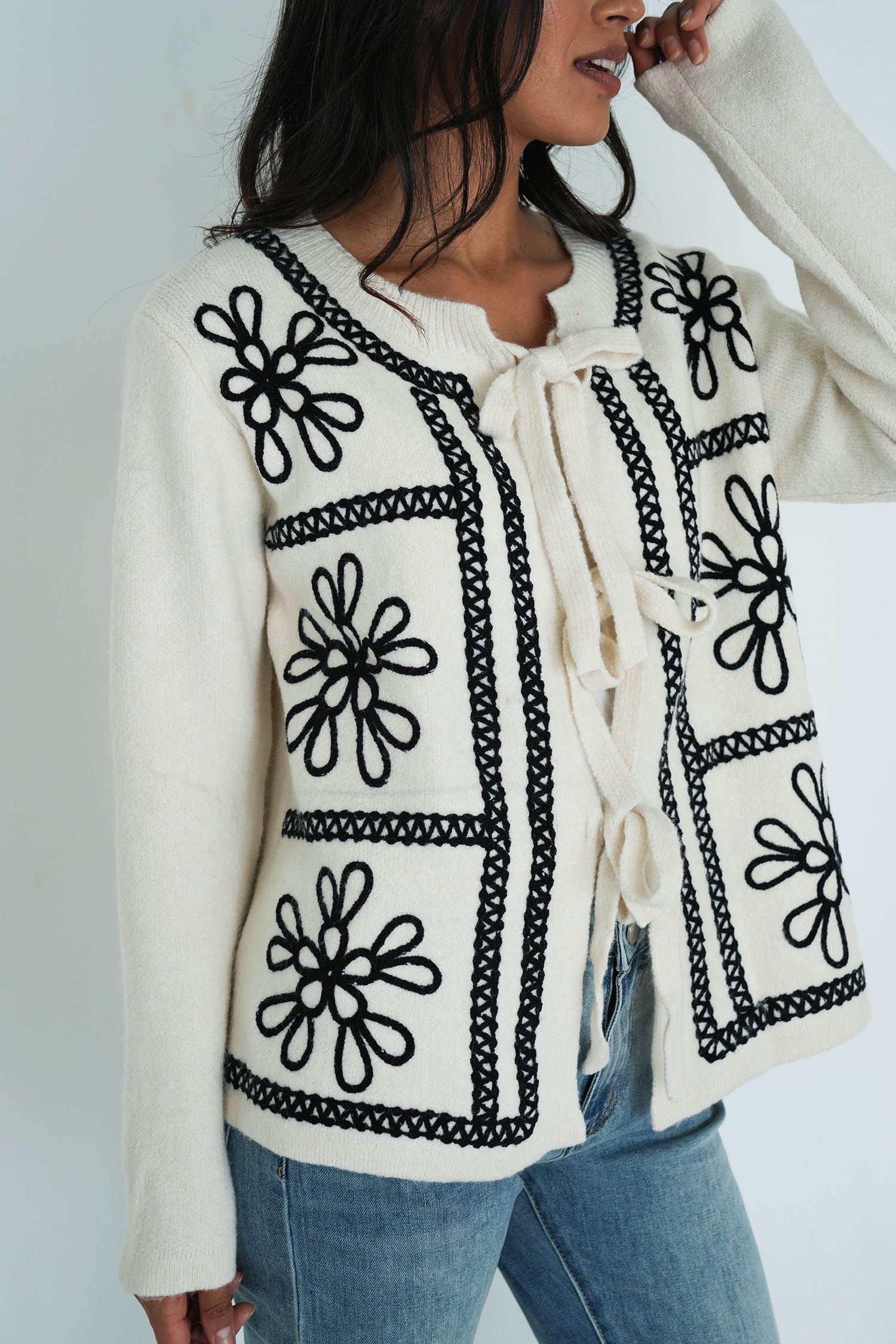 Cream Embroided Bow Cardigan