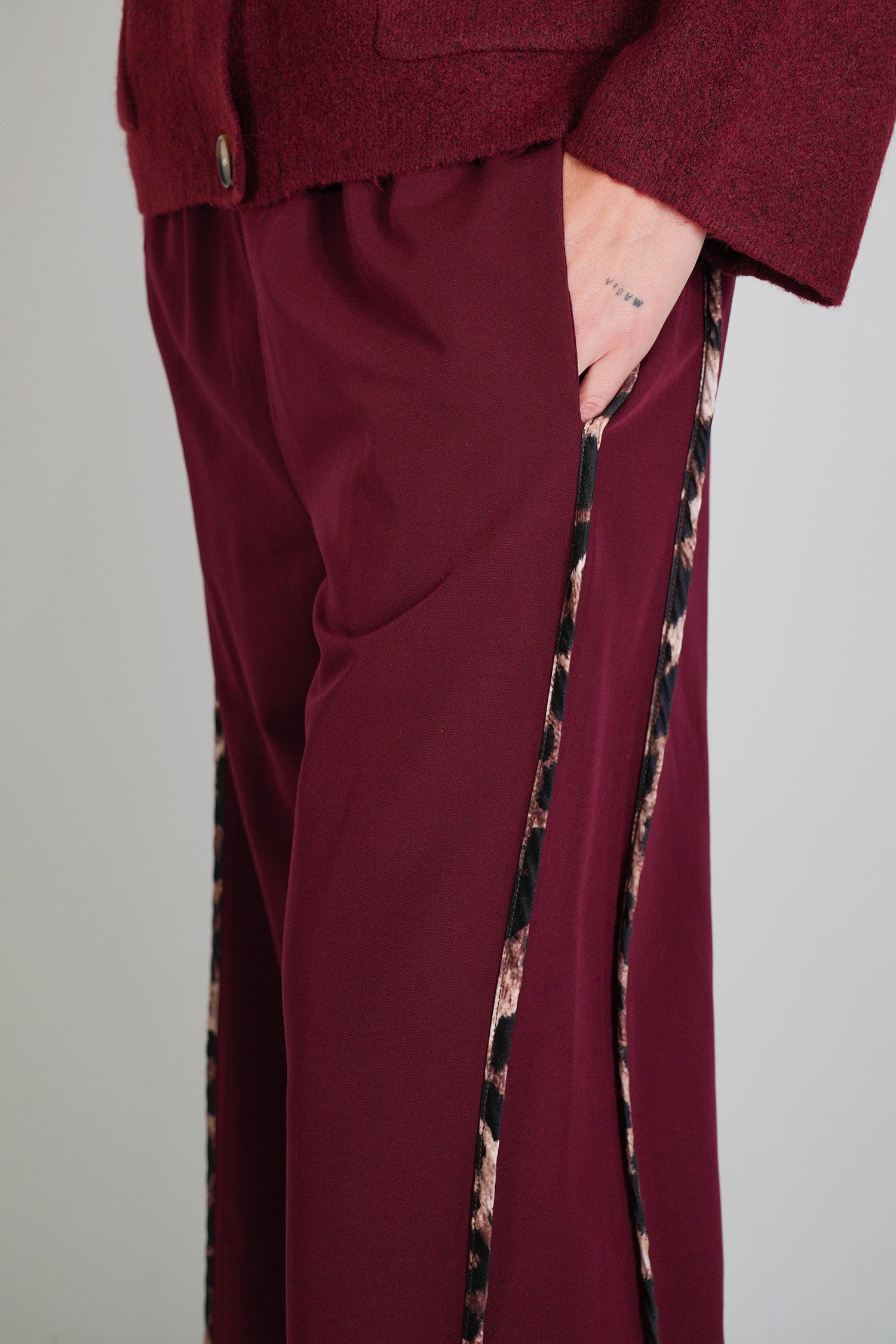 Burgandy Leopard Trim Pant