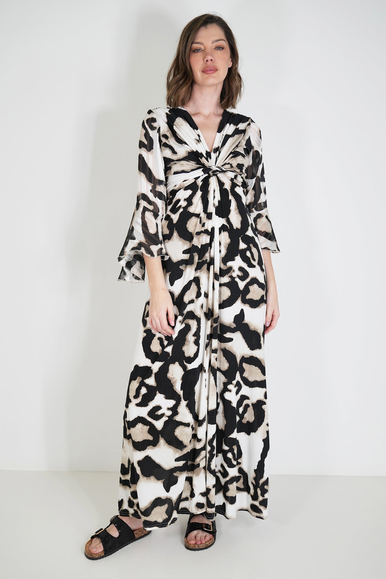 Monochrome Animal Print Knot Dress With Sleeves
