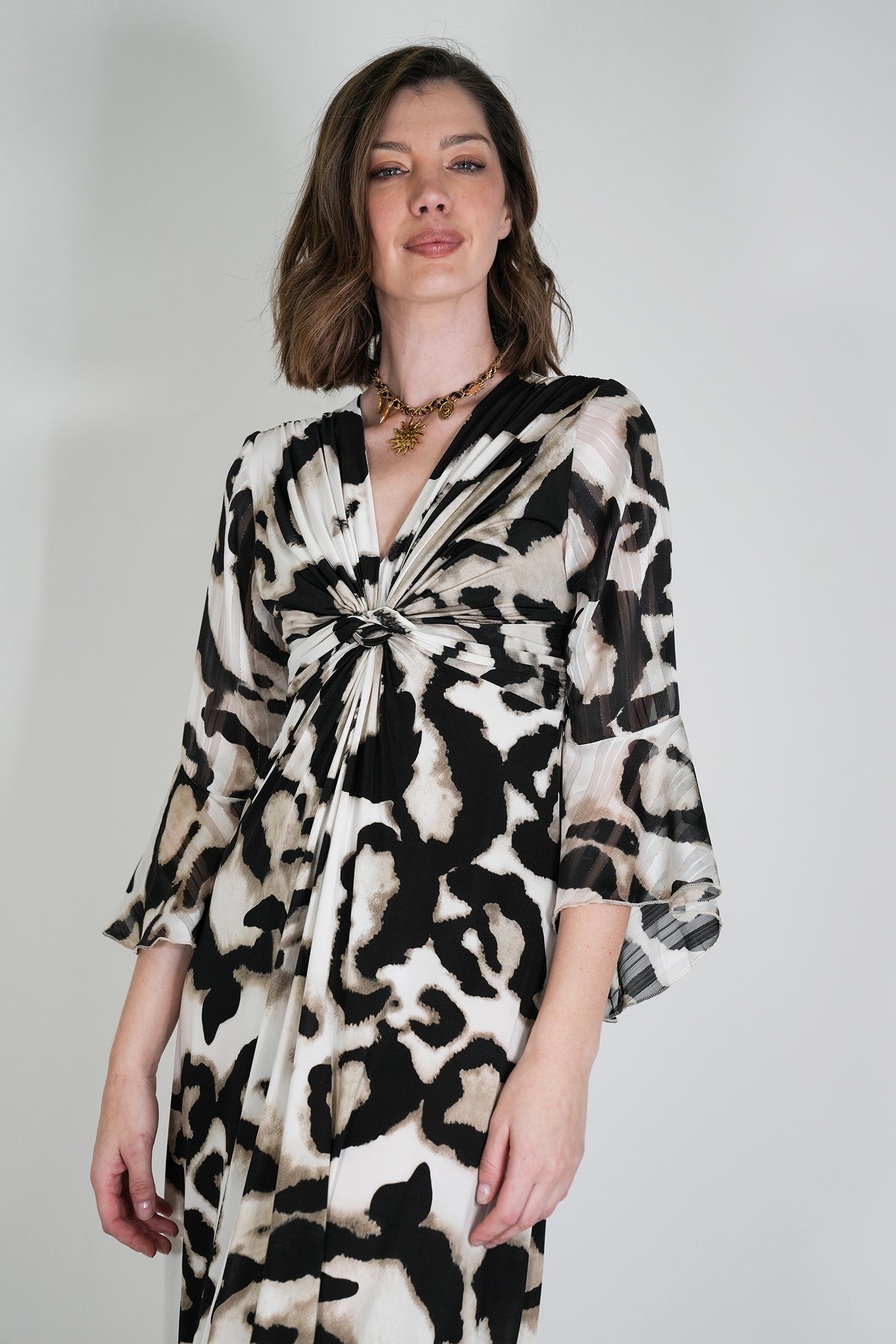 Monochrome Animal Print Knot Dress With Sleeves