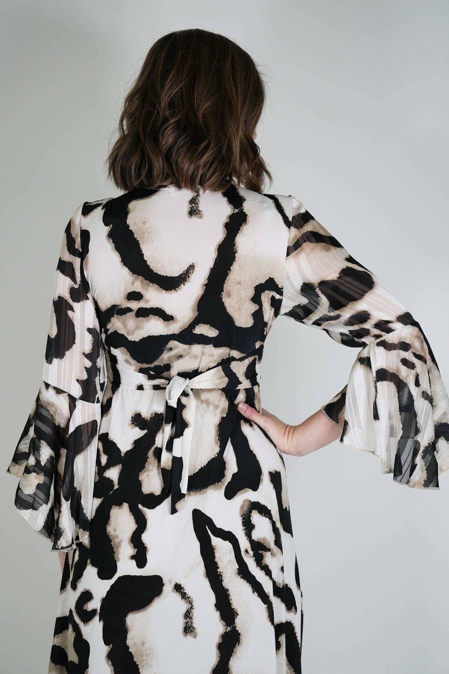 Monochrome Animal Print Knot Dress With Sleeves