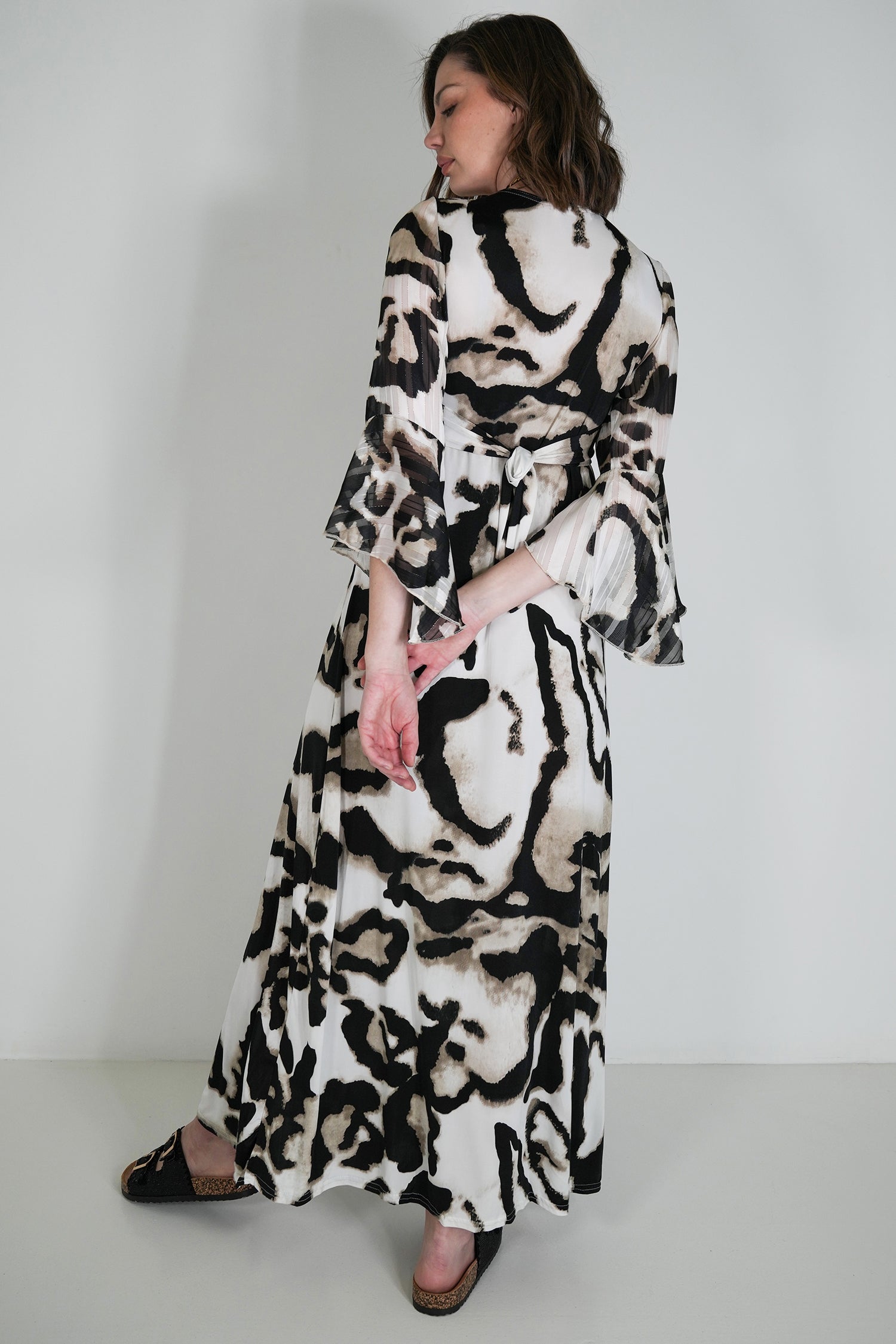 Monochrome Animal Print Knot Dress With Sleeves