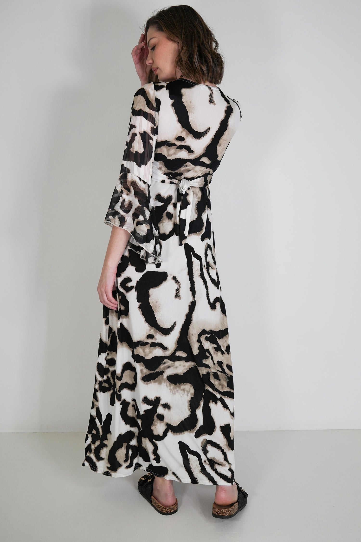 Monochrome Animal Print Knot Dress With Sleeves