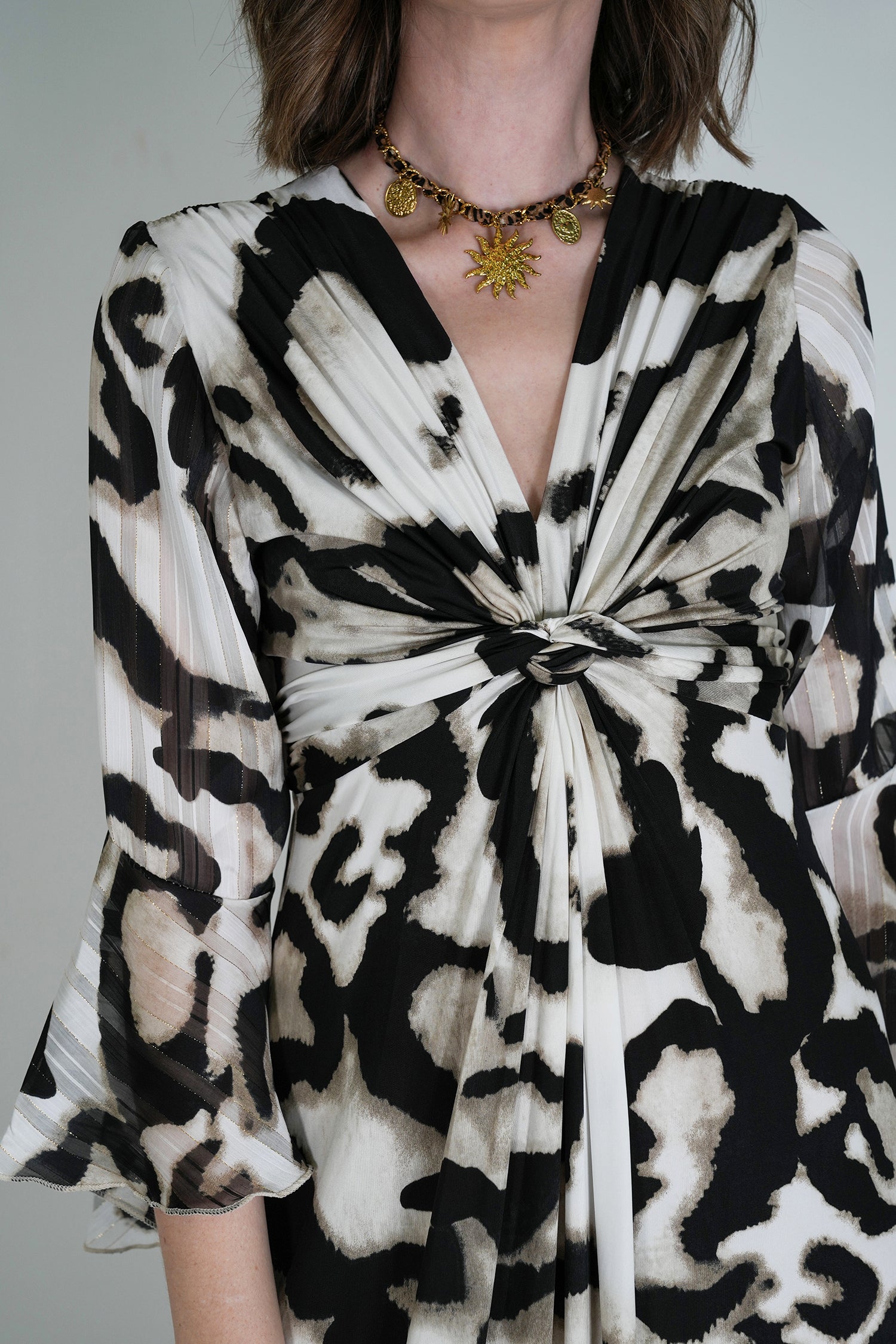 Monochrome Animal Print Knot Dress With Sleeves