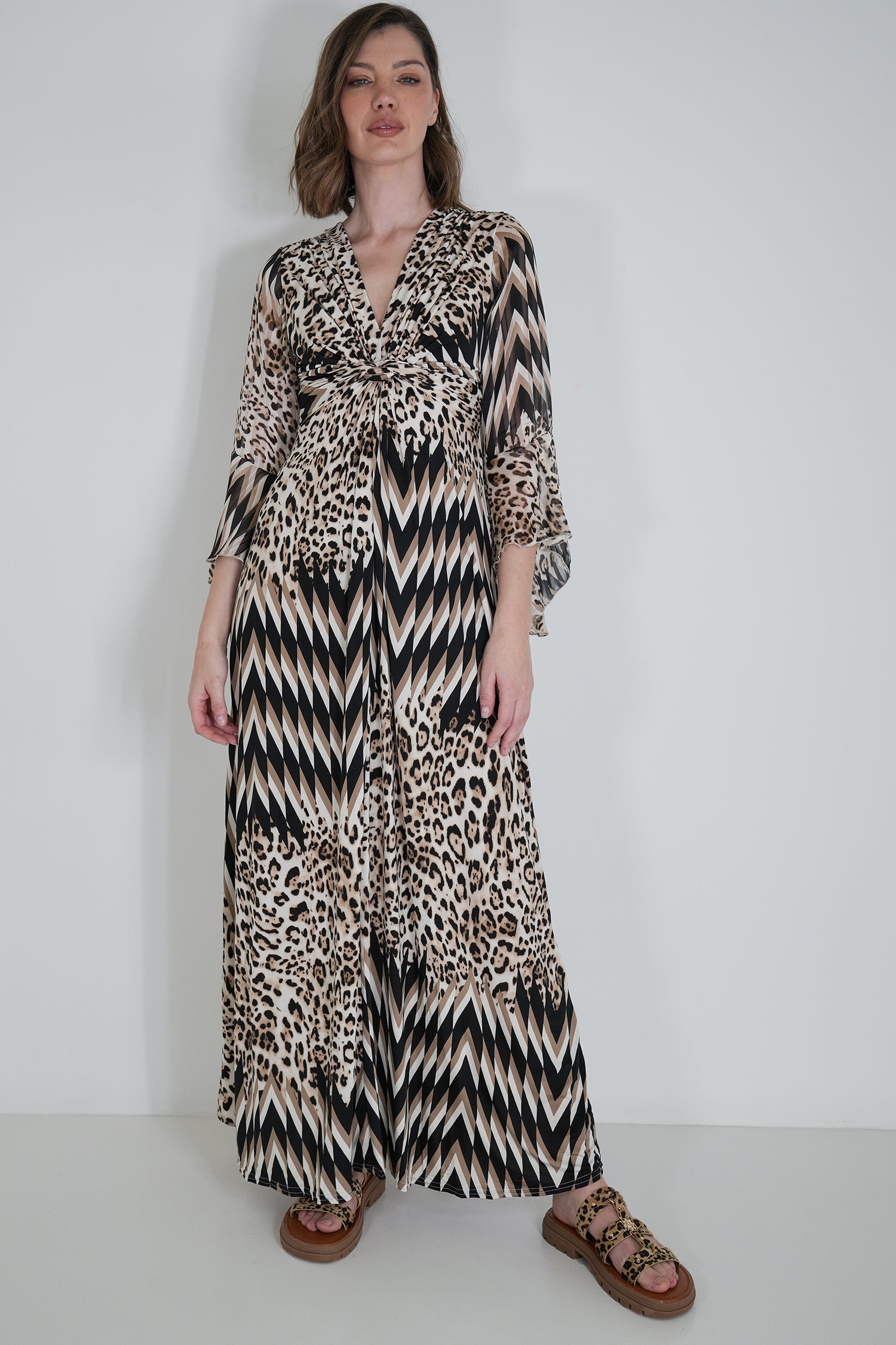 Leopard Zigzag Knot Dress With Sleeves