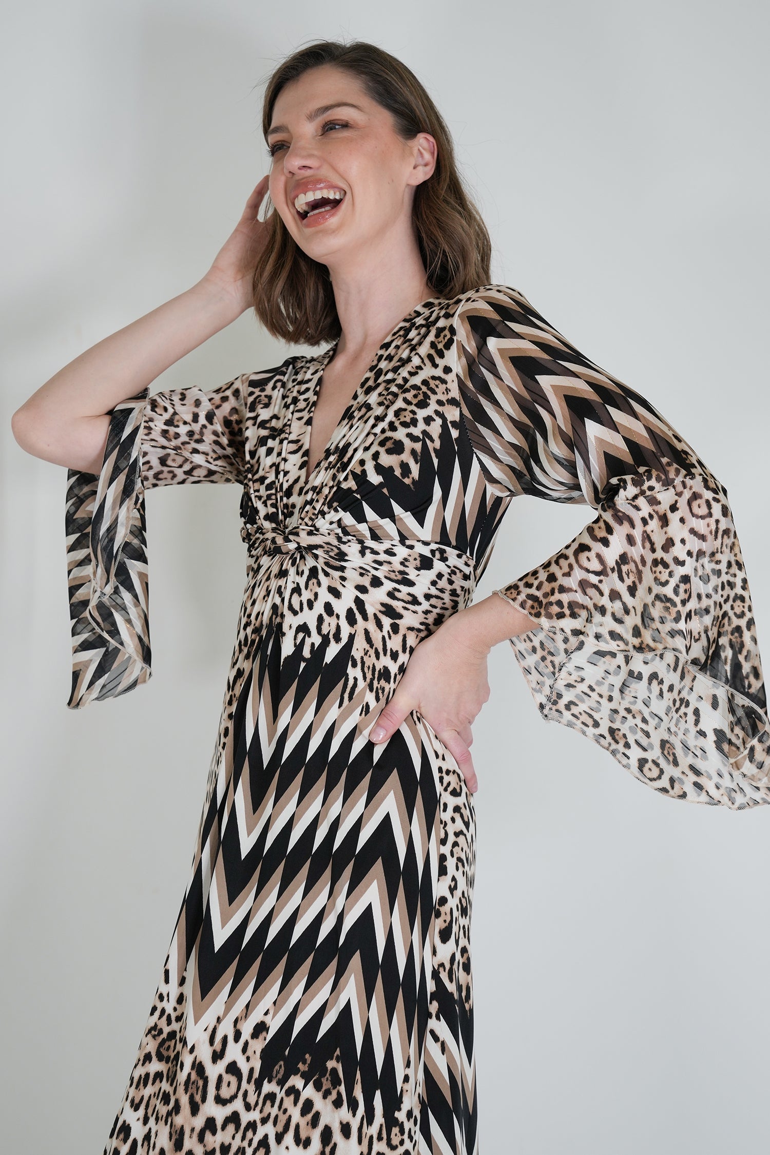 Leopard Zigzag Knot Dress With Sleeves