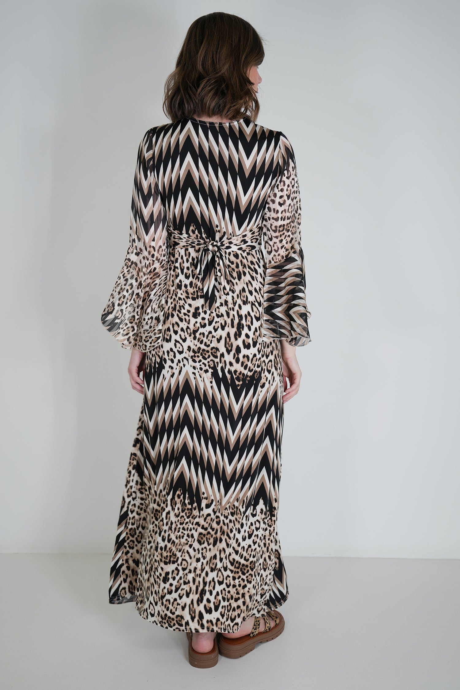 Leopard Zigzag Knot Dress With Sleeves