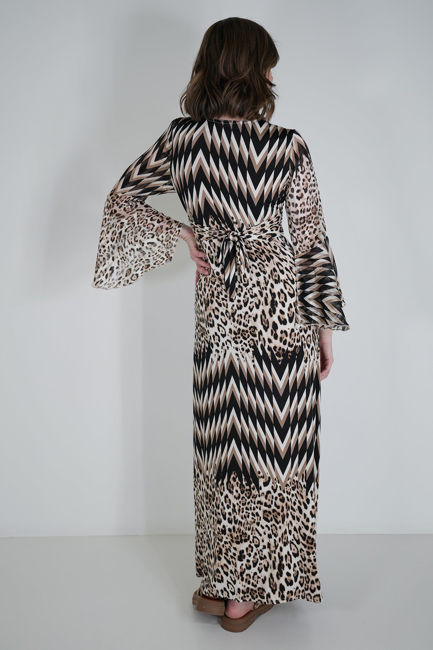 Leopard Zigzag Knot Dress With Sleeves